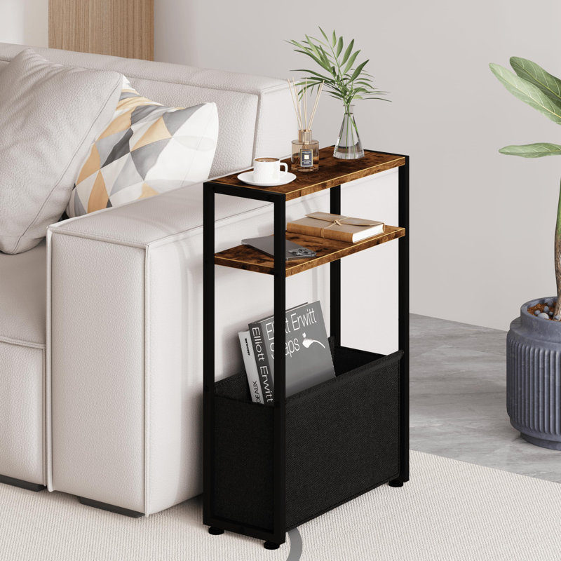 Small Narrow Side Table with Storage Pouch Thin Side Table for Small Spaces Slim Bedside Table Vintage Brown 17 Stories